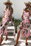 Pink Floral Satin Cowl Neck Side Split Strappy Midi Dress