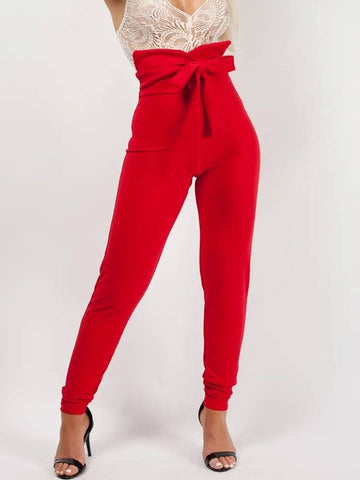 Tie Knot Front High Waist Trousers-Red