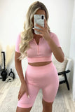 PINK RIBBED ZIP FRONT CROP TOP AND CYCLING SHORTS