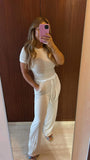 CREAM RIB CONTRAST WAISTBAND TROUSER AND CROP TOP CO-ORD SET