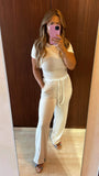 CREAM RIB CONTRAST WAISTBAND TROUSER AND CROP TOP CO-ORD SET