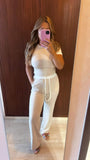 CREAM RIB CONTRAST WAISTBAND TROUSER AND CROP TOP CO-ORD SET