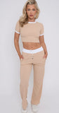 CREAM RIB CONTRAST WAISTBAND TROUSER AND CROP TOP CO-ORD SET