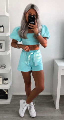 PUFF SLEEVE CROPPED TOP AND SHORTS LOUNGE SET