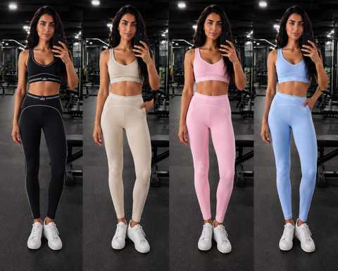 Beige Striped Printed Band Gym Crop Top And Legging Set
