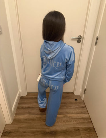 SKY BLUE WIDE LEG  JUICY PRINT VELOUR TRACKSUIT