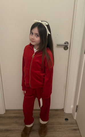 RED KIDS STUDDED JUICY PRINT VELOUR TRACKSUIT