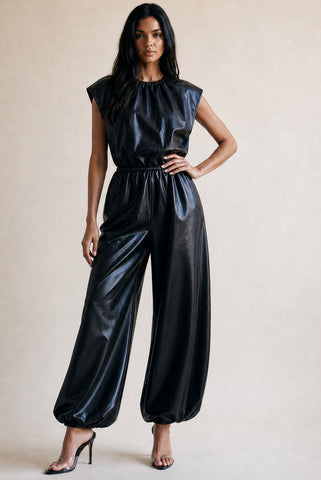 PU Balloon Blouse and Trouser Set