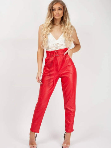 Wet Look Belted Tapered Trousers-Red