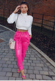 Wet Look Belted Tapered Trousers-Fuchsia