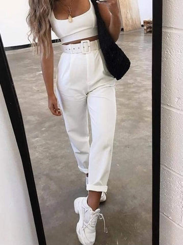 WHITE TAILORED BELTED PANTS