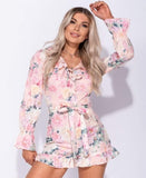 Floral Frill Detail Long Sleeve Belted Playsuit