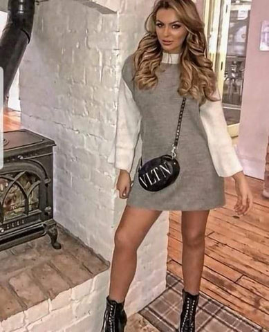 Contrast Sleeve Knitted Jumper Dress-Grey