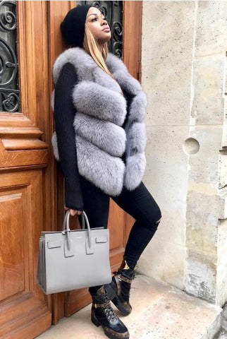 Faux Fur Ribbed Gilet-Grey PRE ORDER 10 DAYS DELIVERY