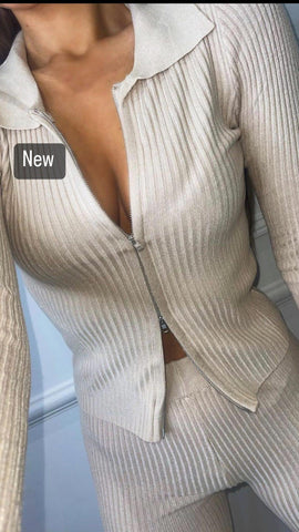 RIBBED KNIT ZIP FRONT CARDIGAN & TROUSER SET