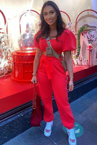 RED PUFF SLEEVE CROPPED TOP AND JOGGER LOUNGE SET