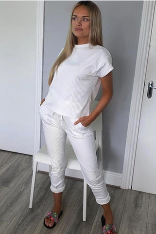 Ribbed Short Sleeve Boxy Loungewear Co-ord-White