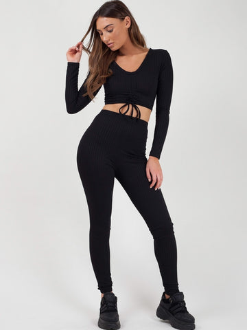 Ruched Crop Top & Legging Ribbed Co-ord-Black