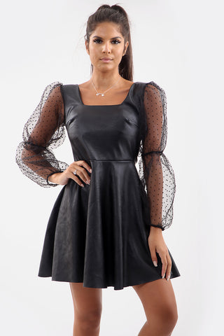 Mesh Sleeve Faux Leather Skater Dress
