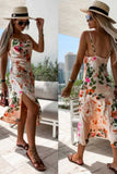 Floral Satin Cowl Neck Side Split Strappy Midi Dress