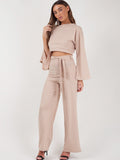 Split Sleeve Ribbed Crop Top & Trouser Co-ord-Stone
