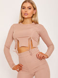 Ribbed Ruched Slit Crop Top and Trouser Co-ord